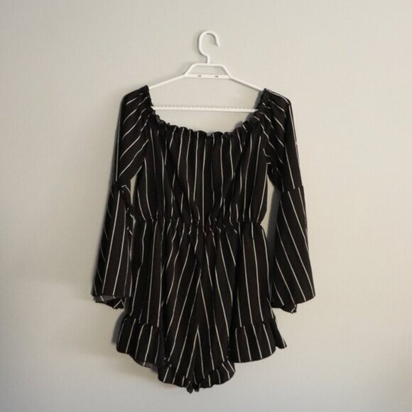 Emery Women's M Black Striped Bell Sleeve Off-the-Shoulder Flare Romper Shorts - Picture 2 of 12